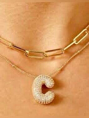 Ice Gold Plated Copper zirconia Pave Bubble Letter  17” Necklace “C”. Free Ship.